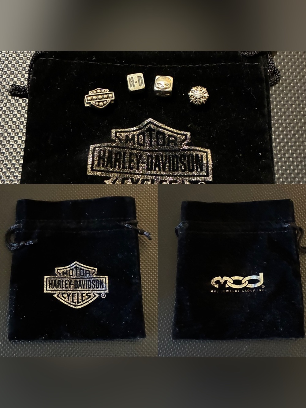4 Harley-Davidson Slide/Bead Charms w/Black HD Velvet Drawstring Jewelry Pouch